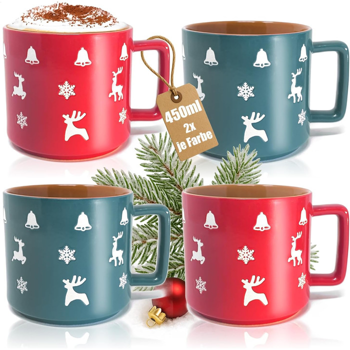 4 чашки для кави Com-Four® з кераміки з різдвяним дизайном, 250 мл (червоний/сірий/зелений/синій)