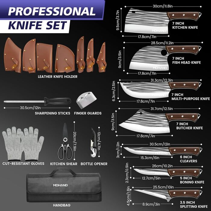 Набір ножів кухонних MDHAND 14 предметів з чохлом, сталь High Carbon, для кухні, кемпінгу, BBQ (смугастий)