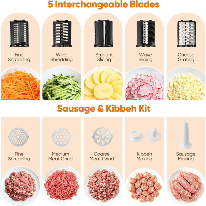 Електричний м'ясоруб 2800 Вт з насадками для овочів та сиру, кухонний комбайн 5-в-1 для м'яса, овочів, сиру та приготування ковбас