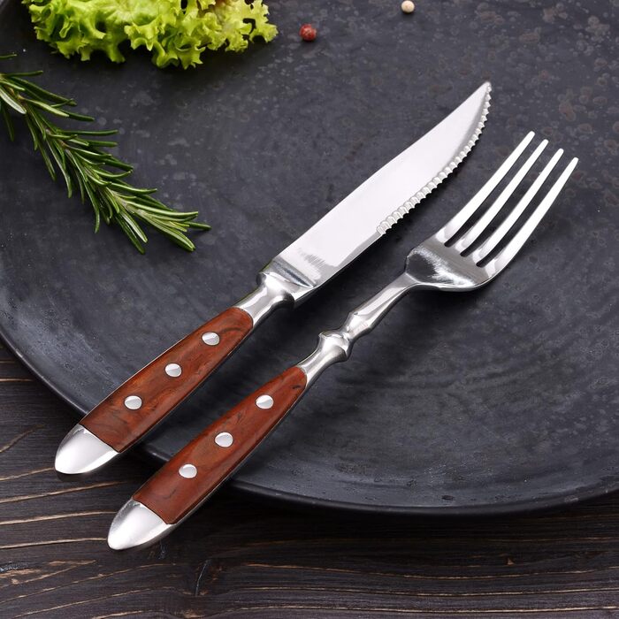 Набір столових приборів GRÄWE для стейку, 12 предметів, нержавіюча сталь полірована, коричнева ручка, для 6 осіб, посудомийна машина