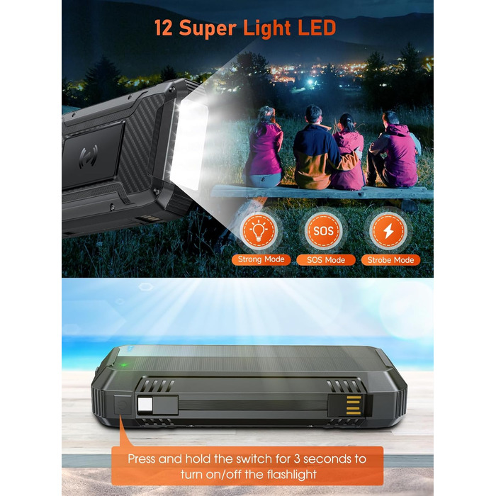 Портативний зарядний акумулятор Solar Powerbank 49800mAh з сонячною панеллю, PD 30W, USB-C, бездротова зарядка 15W, LED-індикатор, ліхтарик, 4 виходи, 2 входи, чорний