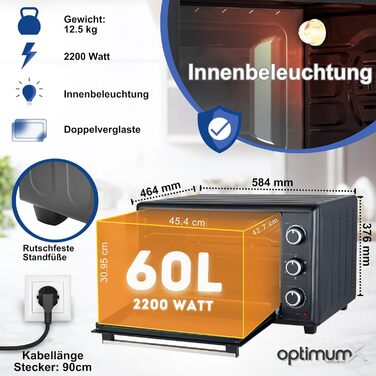 Міні-піч OptimumX 20L з конвекцією, таймером на 60 хв, для піци, 1380 Вт, чорний (60 літрів)