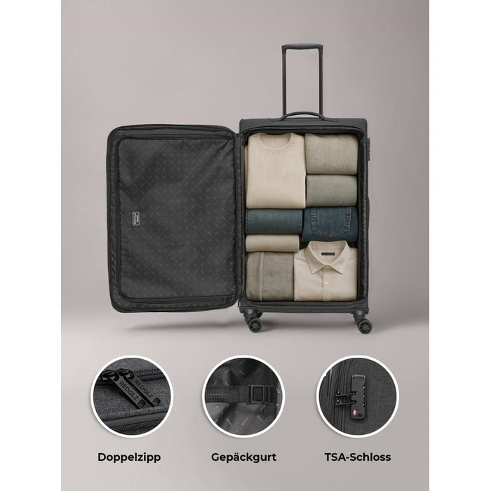Набір валіз REDOLZ 3 шт. для жінок та чоловіків | Легкі та стійкі дорожні ролери, якісний м'який кейс, 4 подвійні колеса та TSA-замок | Розширюваний з еластичними складками (Essentials 12) Чорний набір валіз (3 шт.) 3-колісний розширюваний