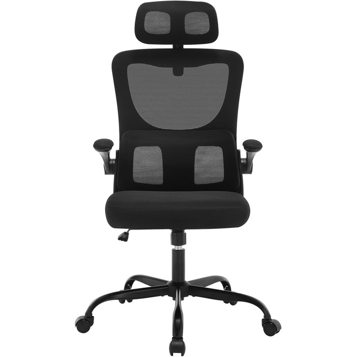 Офісний стіл Woltu: ергономічний крісло з регульованою підголівником, обертовими підлокітниками та підтримкою попереку. Крісло для офісу, витримує до 150 кг, чорний