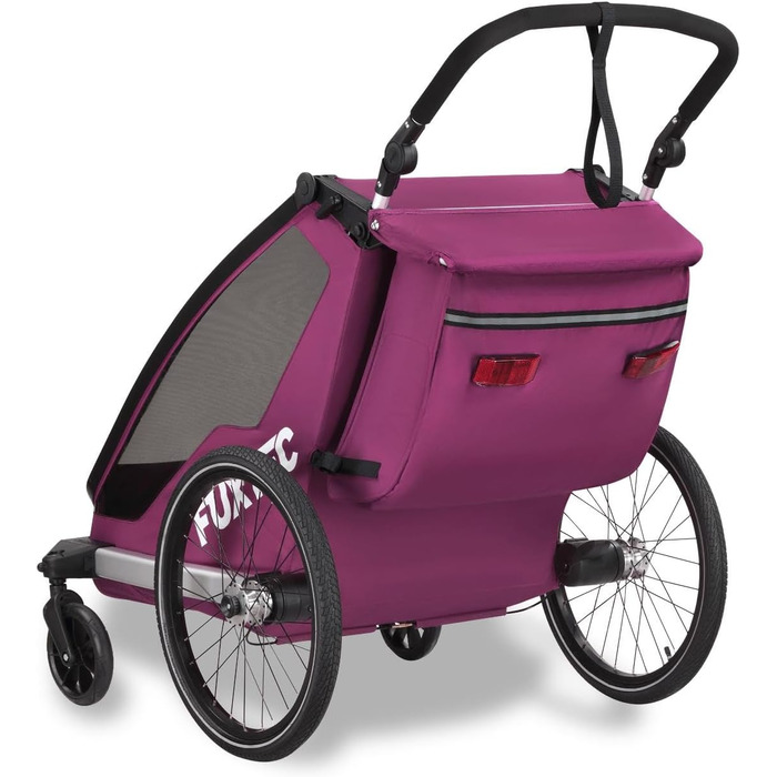 Фуктек Причіп для велосипеда Sportfux на 2 місця, з сумкою, світловідбивачами, ручкою-штовхачем, захистом від дощу та сонця, складний, фіолетовий FX-FA1