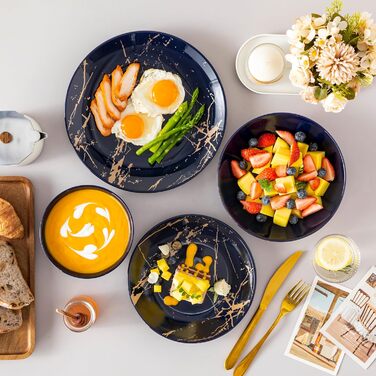 Набір посуду Lovelcasa Sweet Daphne, 32 елементи, порцеляновий сервіз з золотим декором для 8 осіб (темно-синій)