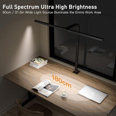 LED лампа настільна з авторегулюванням яскравості, 80 см, кріплення-прищіпка, регулювання колірної температури, захист для очей, денне світло, таймер, матовий чорний