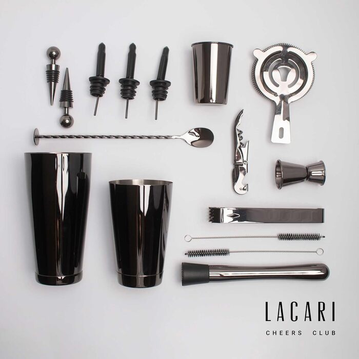 Cocktail Set | Boston Shaker Premium Bartender Set 17-Piece in Black | Lacari ORIGINAL Cocktail Shaker made of Stainless Steel | Shaker, Jigger, Pourer, Strainer, Muddler, Tongs, and more | Cocktail Accessories