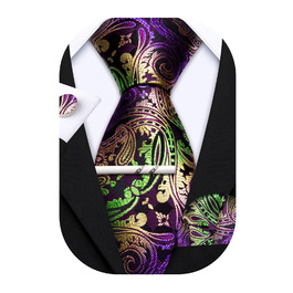 Краватка чоловіча Barry.Wang однотонна павлижий візерунок сатин з нагрудною хустинкою для весілля, золотисто-фіолетова