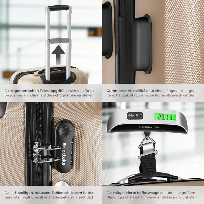 Набір валіз Tectake (M-L-XL) з ваговою та ідентифікатором, ABS, телескопічна ручка, Champagner