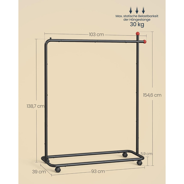 SONGMICS HOME Clothes Rack with Wheels, Coat Rack, 2 Clothes Rails, Shelf, Side Organizer, Matchstick-Shaped Hooks, Stable, Bedroom, Hallway, HSR171B01 (39W x 154.6H cm, Ink Black)