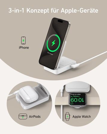 Anker MagGo 3-в-1 Бездротова Зарядна Станція Qi2 15W, Сумісна з MagSafe, для iPhone 17/16/15/14, Apple Watch 9, AirPods (з USB-C адаптером 40W) - Біла