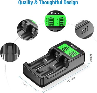 Зарядний пристрій POWXS для акумуляторів 18650 з LCD-дисплеєм та тестуванням, сумісний з Li-Ion, IMR, NI-MH, NI-Cd AA AAA C 26650 21700 10440 RCR123 (2 слоти)