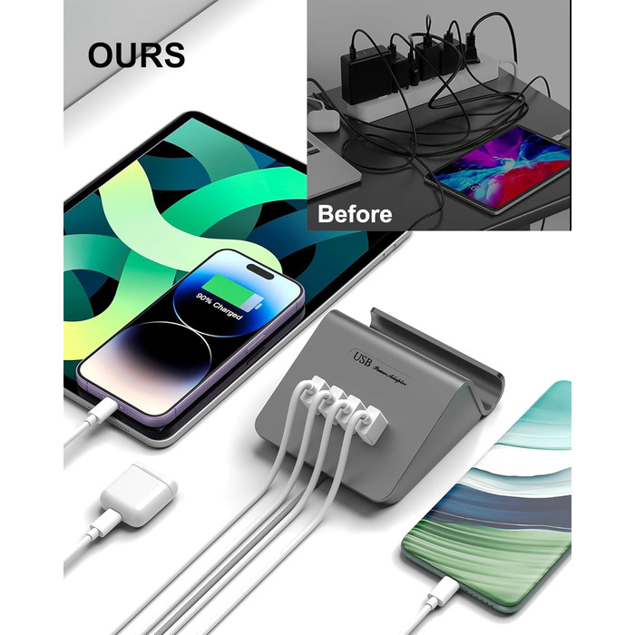 Багатопортова USB зарядка POANES 25W: 4 порти для iPhone, Samsung, LG, Huawei та інших пристроїв (Чорний/Сірий)