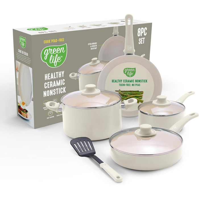 Набір посуду GreenLife Soft Grip 8 предметів: антипригарне покриття, кераміка, посудомийна машина, без ПУФА, для приготування, тушкування, соусів, з кришками, блакитний