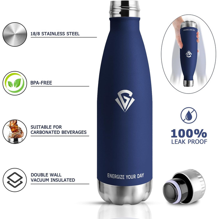 Термопляшка 1000 мл, Металева Термопляшка з Подвійними Стінками, Без BPA, для Спорту, Походів, Дітей, Фітнесу, Газованої Напою, Подорожей, Дівчаток та Хлопчиків (750 мл, Темно-Синій)