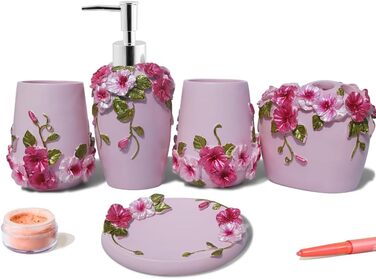 LUANT Bathroom Accessories Set, 5-Piece Bathroom Gift Set with Soap Dispenser, Pump, Toothbrush Holder, Cup, and Soap Dish, Durable Bathroom Set Decoration Ideas (Light Pink Color)