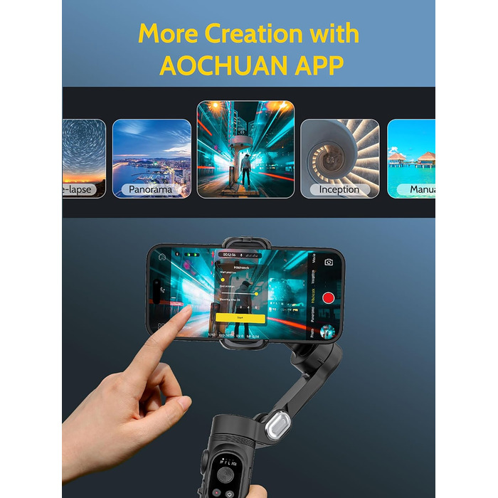 Стабілізатор для смартфона AOCHUAN 3-осьовий з функцією розпізнавання обличчя, вбудованим світлом та 1/4 дюйма різьбою. Підходить для iPhone 16/15 Pro, Android, TikTok-влогів. Чорний.