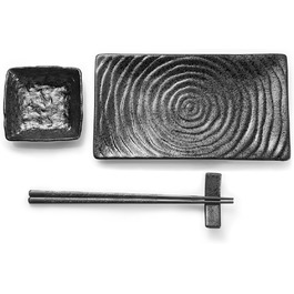 Набір посуду Юда Суші з кераміки, 8 предметів – японський посуд для 2 осіб (2 тарілки, миски для соєвого соусу, палочки та підставка) – високоякісна кераміка, придатний для мікрохвильової печі та миття в посудомийній машині – елегантний подарунок (1 набір суші)