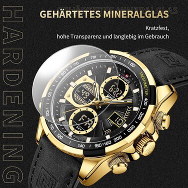 Навіфорс чоловічий військовий годинник - мультифункціональний годинник з кварцовим механізмом, водонепроникний, з шкіряним ремінцем (золото+чорний)