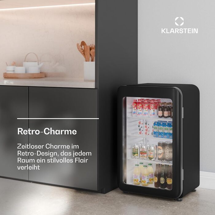 Klarstein Audrey Evo: Холодильник для напоїв 68л, Ретро-дизайн, LED-підсвічування, подвійне скло, 0-10°C, Клас енергоефективності C, регульовані ніжки, чорний