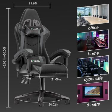 Геймерське крісло Bigzzia Ergonomic: з подушкою для попереку та голови, регульована висота, для комп'ютера, для дорослих та підлітків (сірий)