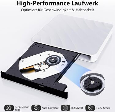 Зовнішній DVD/CD привід USB: DVD-брунер та оптичний накопичувач для ноутбука та ПК, підтримка +/-RW ROM, сумісність з Windows, MacOS, Linux (білий)