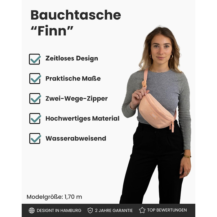 Сумка на пояс LARKSON для жінок та чоловіків м'ятного кольору - Finn. Стильна поясна сумка для спорту, активного відпочинку, міста, фестивалів. Сумка через тіло з ремінцем, водонепроникна (персиковий)