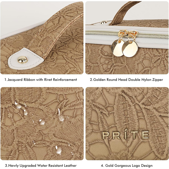 Косметичка велика містка для подорожей, водонепроникна з PU-шкіри, з прозорими перегородками та ручкою (M, Коричнева квітка)