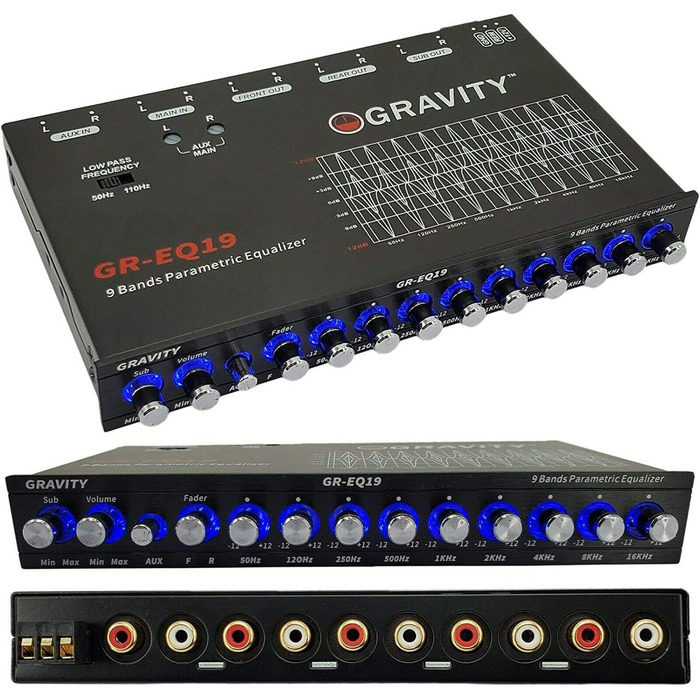 Автомобільний еквалайзер Gravity EQ19 1/2 DIN, 9-смуговий, 9V, 3 RCA виходи, AUX/DVD, передній/задній/сабвуфер