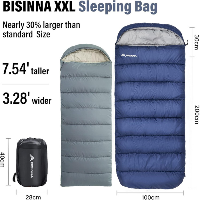 Сплячий мішок BISINNA XXL (230 x 100 см) для великих людей, 3-4 сезони, водонепроникний, легкий, для кемпінгу, подорожей, піших прогулянок, дому та відпочинку на природі, Marineblau, 1.5 кг, двостороння блискавка, 3 сезони
