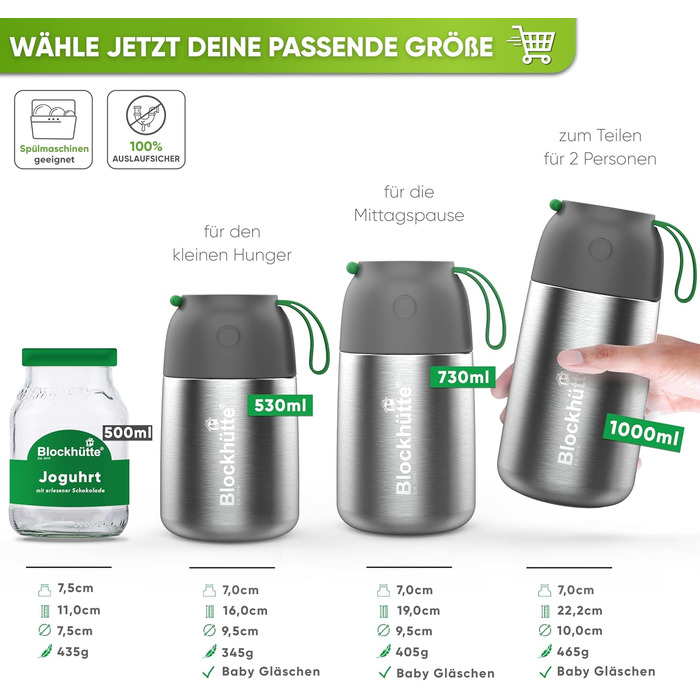 Термоконтейнер для їжі Blockhütte 530 мл, нержавіюча сталь, дитячий ланчбокс, BPA-free, без витоку, з антивакуумним клапаном, придатний для миття в посудомийній машині (сріблястий)