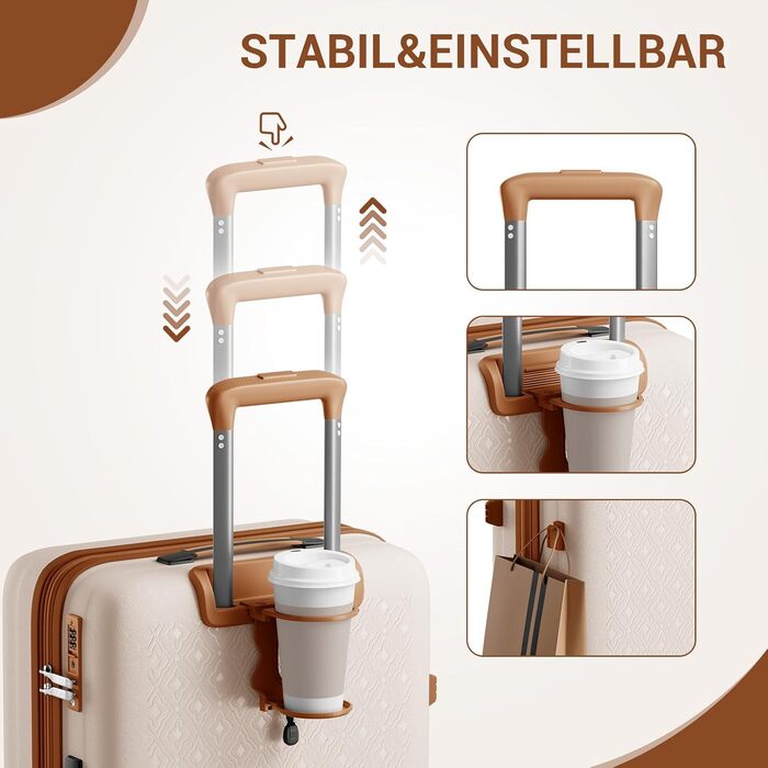 Великий валіза KONO з підсклянником, жорсткий корпус, легкий, поліпропілен, розширюваний, 4 колеса, TSA-замок, чорний/коричневий (кремовий/коричневий), XL