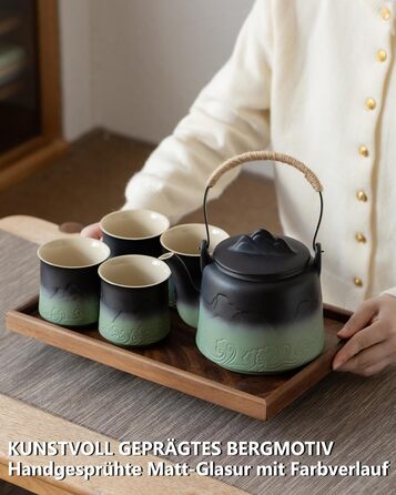 ZENS Design Japanese Teapot, 1000ml Gradient Embossed Japanese Teapot Ceramic with Built-in Strainer and Hemp Rope Handle for Loose Tea Steeper, Gift for Tea Lovers, Black & Bean Green (Black & Bean Green, 1000ml Teapot & 4 of 200ml Cups)