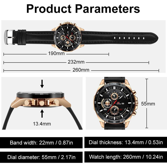 Чоловічий годинник OFF-CUP: аналоговий кварцовий хронограф з коричневим шкіряним ремінцем, з датою. Стильний годинник для чоловіків: casual, бізнес, класичний дизайн. Прекрасний подарунок (чорний колір)