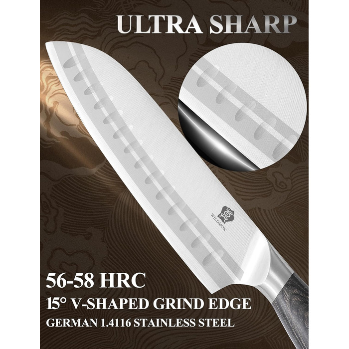 Ніж Santoku WILDMOK 18 см, японський кухонний ніж з нержавіючої сталі з ручкою з пакавуду – професійний ніж для кухні