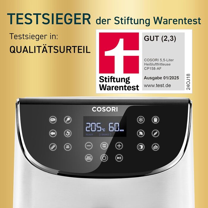 Фритюрниця без олії COSORI CP158-AF, Біла, 11 функцій, Економія енергії 55%, 100 рецептів, Shake Reminder, Лауреат Stiftung Warentest 2024