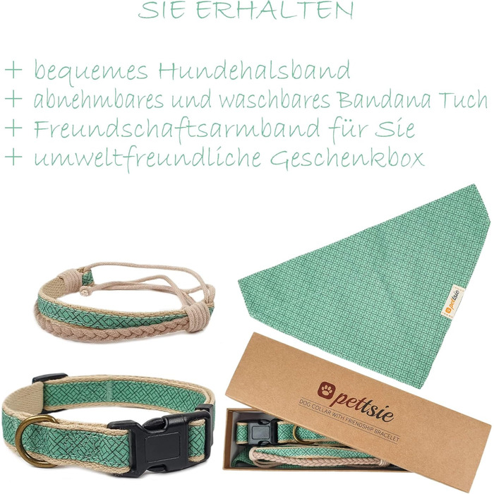 Нашийник для собак Pettsie з банданою та браслетом дружби, регульовані розміри S, M, L, знімний бандана, приваблива упаковка, для власників собак, зелений, L 45,7-66 см