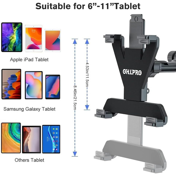 Автотримач для планшету OHLPRO: 360° обертання, сумісний з iPad, Samsung Tab, Huawei (6-11 дюймів)