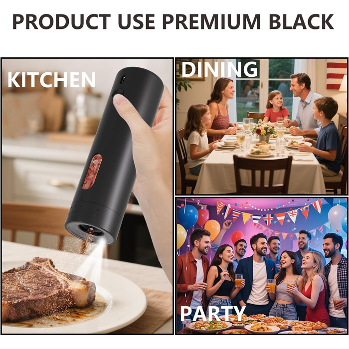 Electric Salt and Pepper Grinder Set, Rechargeable, Automatic Electric Pepper Grinder Set with Large Capacity 110ml, Externally Adjustable Coarseness, LED Light, and One-Hand Operation, Black