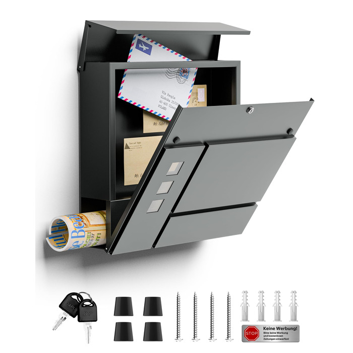 Поштовий ящик антрацит з гравіюванням, персоналізований, 2-в-1, нержавіюча сталь, з табличкою для імені та номера будинку, газетний відсік, подвійний (L)