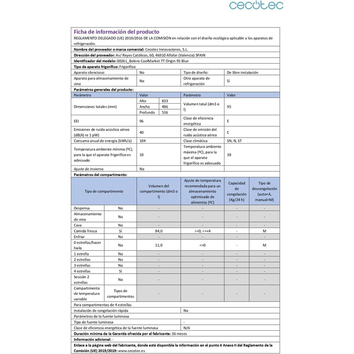 Міні-холодильник Cecotec Bolero CoolMarket TT Origin 110 синій 95л – ретро дизайн, LED-підсвітка, клас E