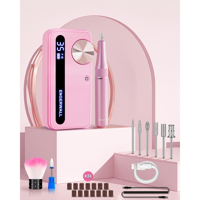 Професійний фрезер для нігтів ENGERWALL 35000 об/хв, електричний, для гелю та акрилу, бездротовий, манікюрний набір з 7 насадками та 56 шліфувальними стрічками, темно-срібний (портативний, акумуляторний, рожевий)