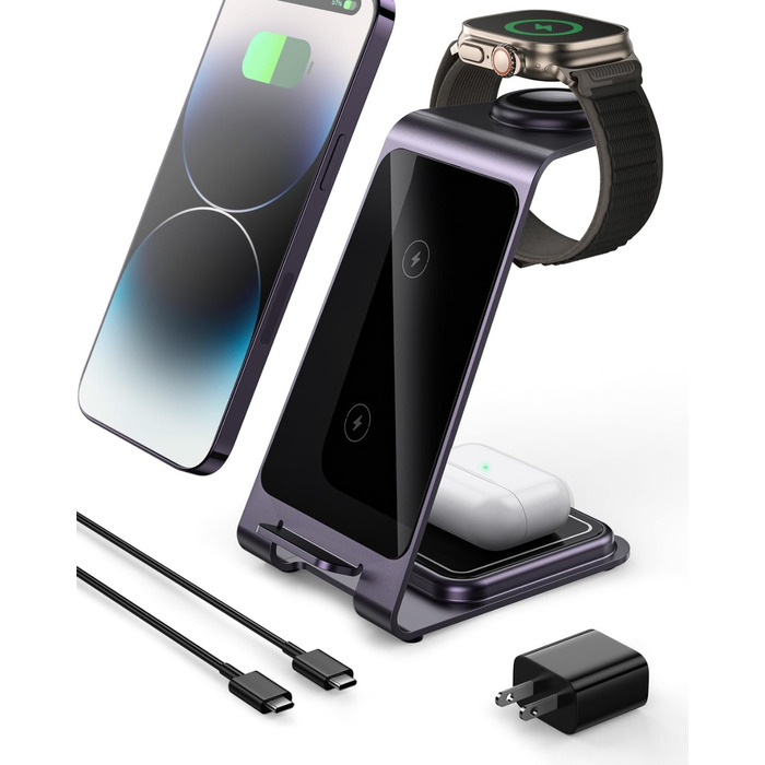 Бездротова зарядка Induktive з підтримкою MagSafe для iPhone 16 Pro/16/16 Pro Max/15 Pro/15/15 Pro Max, Apple Watch 10/Ultra 2/SE/9/8/7/6/5/4/3/2 та AirPods 4/3/2/Pro (фіолетовий)