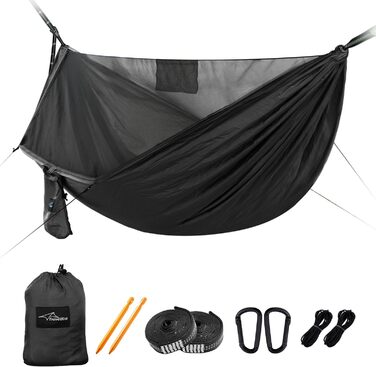 Гамак для кемпінгу з москітною сіткою та відтяжкою, великий на 2 особи, 290 x 140 см, легкий, для відпочинку на природі, походів, подорожей та рюкзаків, армійний зелений (чорний)