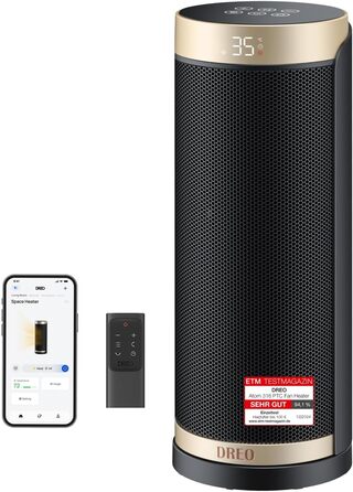 Електричний обігрівач Dreo 2000W з термостатом та Wi-Fi, 16 дюймів, 3 режими, 3 швидкості, 12h таймер, для спальні, золотий