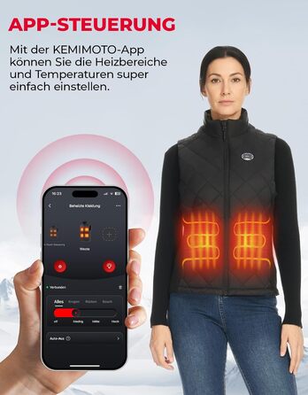 Кемімото - Тепла жилетка для жінок з підключенням через додаток, акумулятор 10000 мАг, 3 режими нагріву, 4 зони нагріву, для активного відпочинку, мотоциклів, походів, кемпінгу