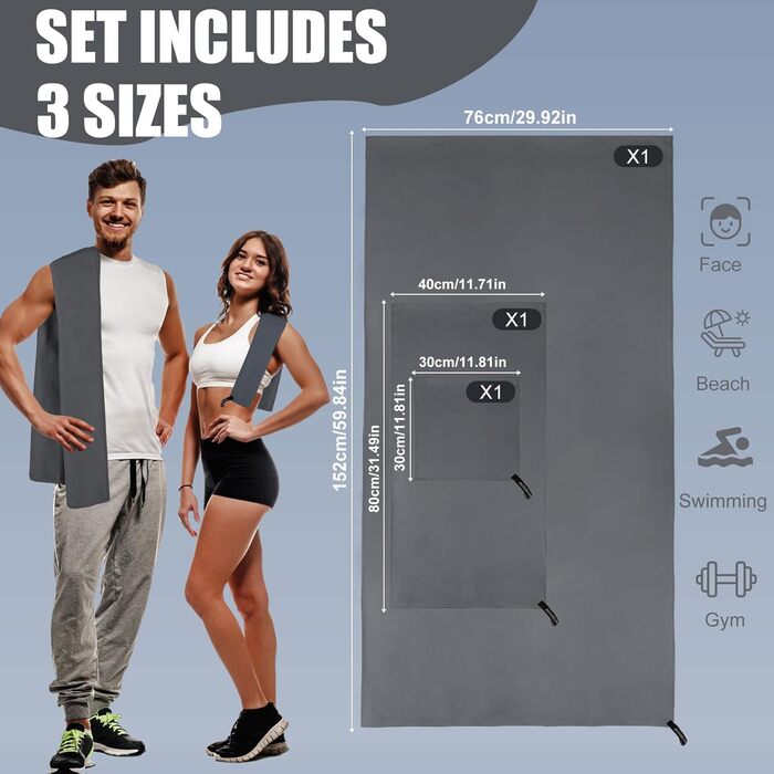 Набір рушників Neerow з мікрофібри (3 шт.): великий (152x76 см), фітнес (80x40 см), маленький (30x30 см), темно-сірий, швидковисихаючі