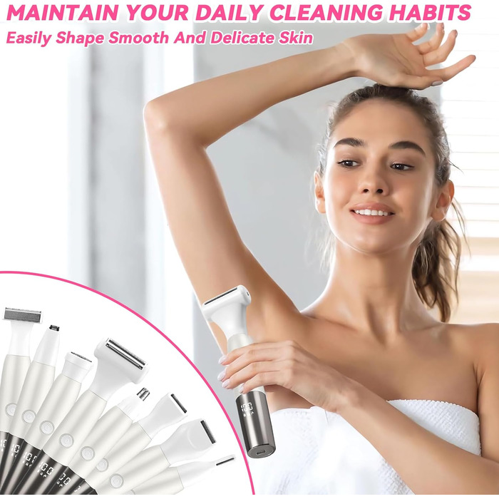 Електричний жіночий тример YGVQN 8-в-1 для тіла: бікіні, ноги, обличчя, брови, ніс. LED дисплей, водонепроникність IPX7, USB-зарядка.