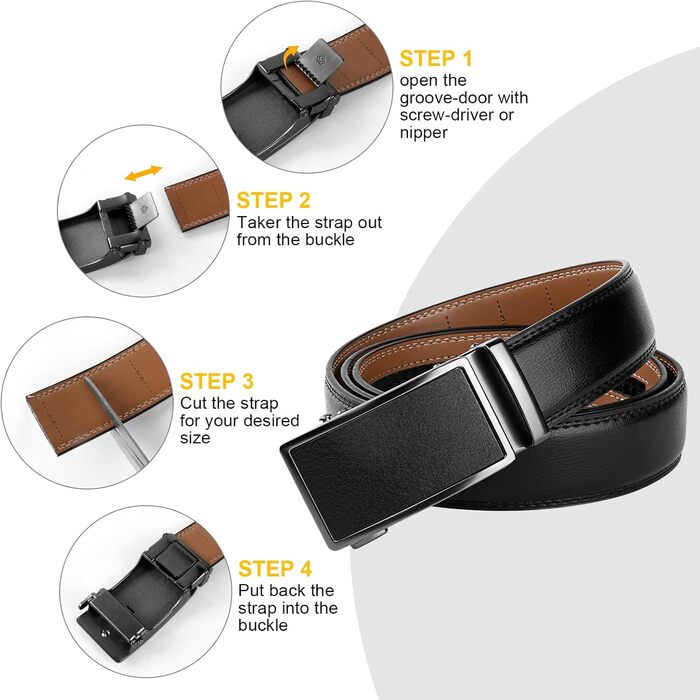 Чоловічий шкіряний ремінь Flintronic з автоматичною пряжкою (ратинг), ширина 3.5 см, довжина 130 см, з лінійкою та брелоком (у подарунковій коробці), чорний